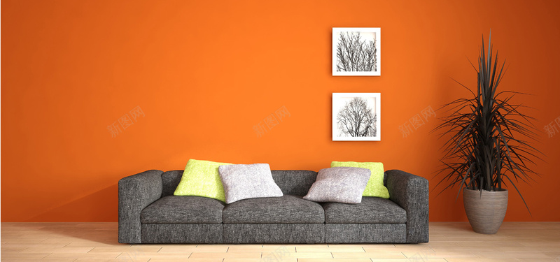 橙色墙壁上的装饰画jpg设计背景_新图网 https://ixintu.com 橙色 墙壁 装饰画 沙发 家居 海报banner