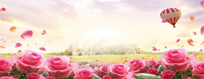 情人节背景jpg设计背景_新图网 https://ixintu.com 玫瑰 草地 城堡 海报banner 浪漫 梦幻