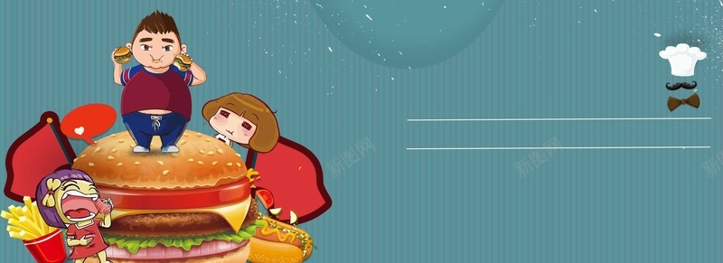 卡通汉堡绿色bannerpsd设计背景_新图网 https://ixintu.com 厨师帽子 人物 卡通 胡子 领结 纹理 汉堡 绿色 线条 薯条