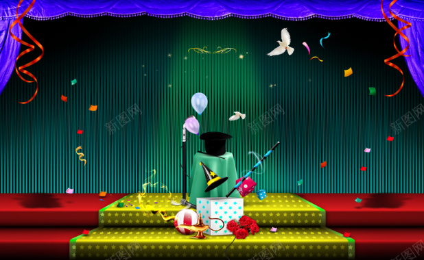 卡通帽子气球鸽子舞台红色背景素材背景