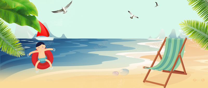 夏季海边度假卡通躺椅悠闲蓝色背景背景