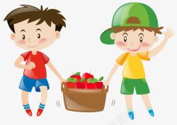 篮子装柿子卡通手绘提着一筐苹果的男孩高清图片