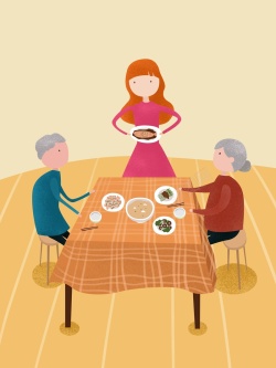 吃饭的老人下厨黄色清新感恩节家庭日原创插画高清图片