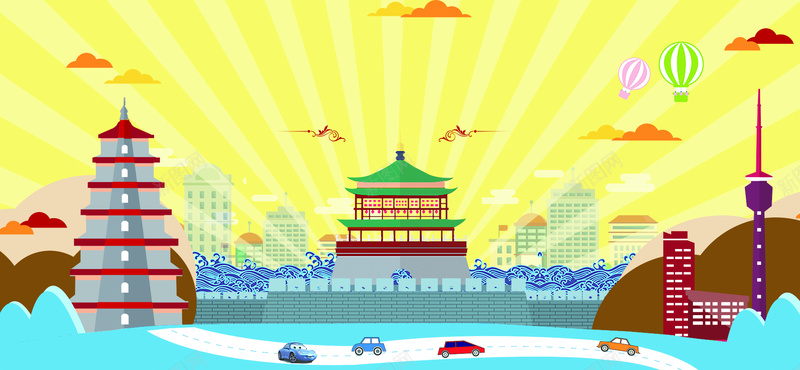 城市宣传醉美中国风卡通主题海报背景