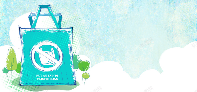 环保购物袋psd设计背景_新图网 https://ixintu.com 绿色 环保 袋子 海报banner 卡通 童趣 手绘