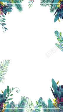 清新蓝色树叶藏青色花卉组合边框背景