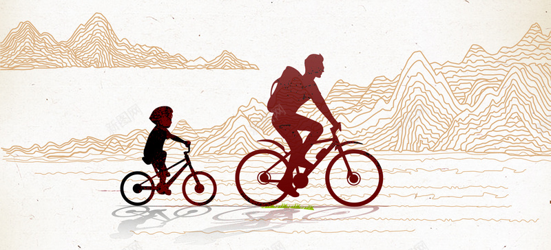 父亲节温暖手绘山脉自行车psd分层背素材背景