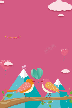甜蜜小鸟粉色扁平化白色情人节小鸟背景高清图片