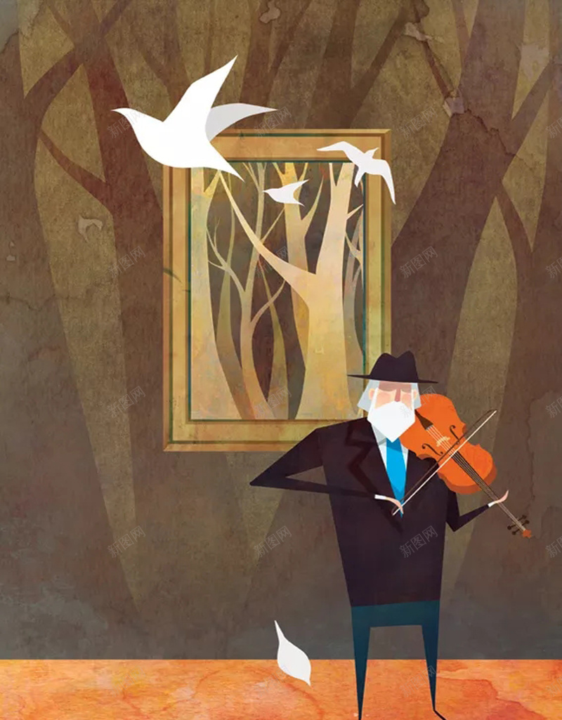 卡通人物海报背景psd设计背景_新图网 https://ixintu.com 小提琴 人物 卡通 小鸟 演奏 窗户 树木 影子 花瓣 手绘