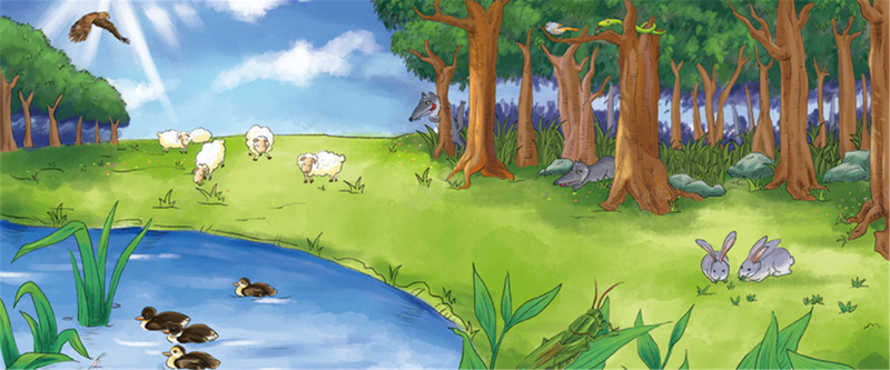 树林动物背景jpg设计背景_新图网 https://ixintu.com 海报banner 动物 卡通 小河 树林 童趣 手绘