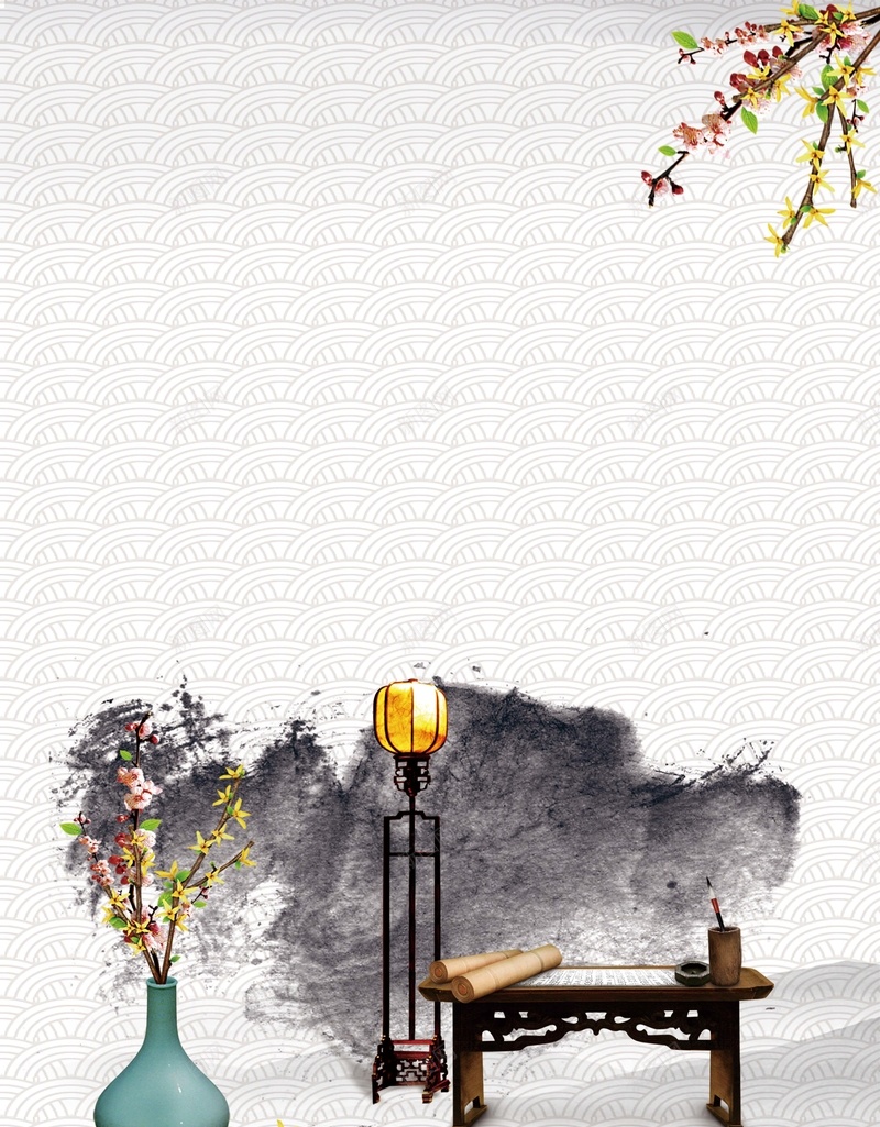 中国风背景psd设计背景_新图网 https://ixintu.com 中国风 梅花 花瓶 陶瓷 中式桌椅 灯笼