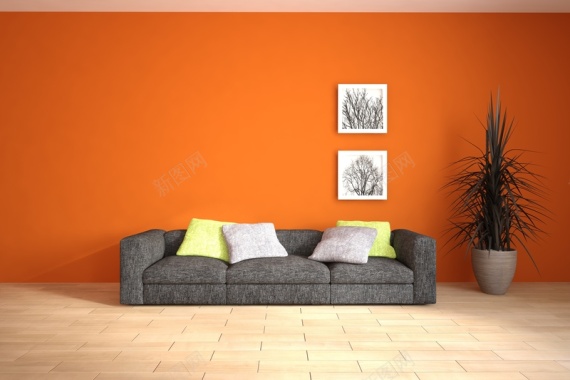 橙色墙壁上的装饰画背景