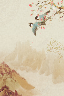 中式挂画浅色中国风大气远山花卉风景海报背景高清图片