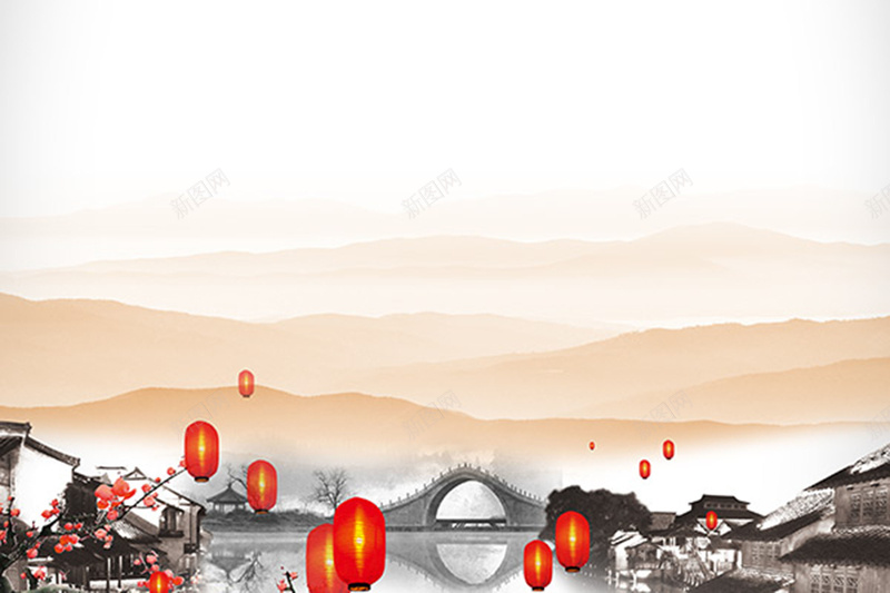 江南小镇喜庆背景素材jpg设计背景_新图网 https://ixintu.com 江南 桥 山水 水墨 小镇 红色 灯笼 古屋