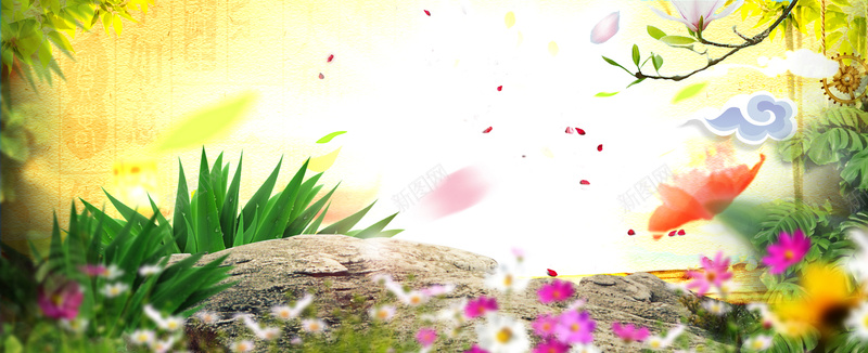 清新自然素材海报psd设计背景_新图网 https://ixintu.com 云朵 神秘 花卉 花瓣 青草 石头 自然清新 大自然 树叶 树枝