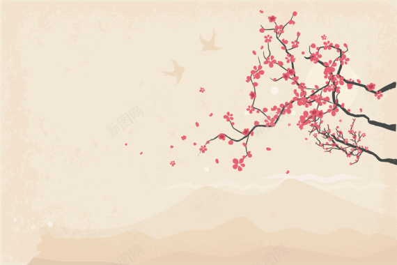 卡通扁平手绘日本樱花旅游复古背景素材背景