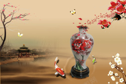 瓷花瓶中国风木棉花下的瓷花瓶背景素材高清图片