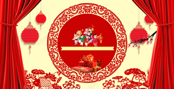 中国风红幕布里古代孩童庆春节背景素材背景