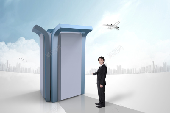 飞机起飞商业人士站在抽象门前背景