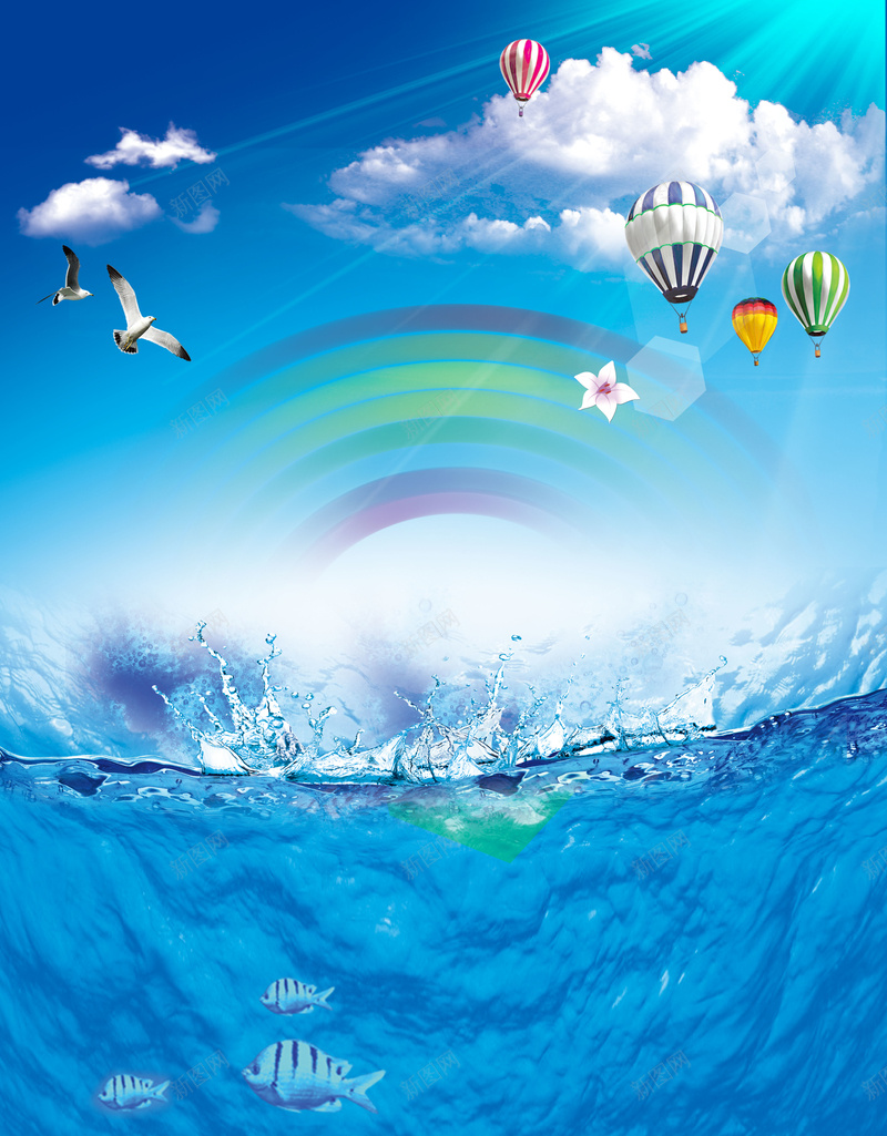 夏季促销海报背景素材psd设计背景_新图网 https://ixintu.com 卡通天地 商场促销 活动宣传 夏凉节 夏天 商场夏凉海报 水珠 彩虹 热气球 海报设计 广告
