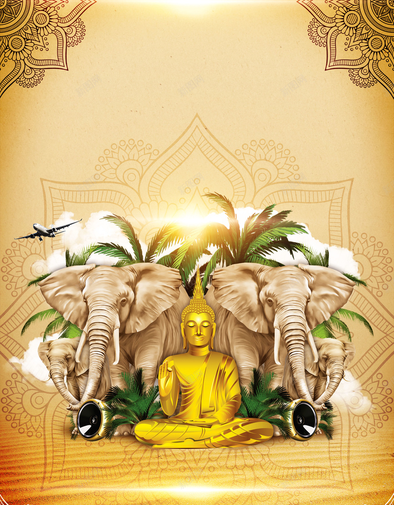 金色泰国旅游海报psd设计背景_新图网 https://ixintu.com 泰国旅游 出国游 建筑物 大象 泰国 佛像 椰树 飞机 出境游
