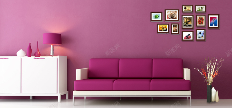 现代感紫色家居室内场景照片墙电商海报背景背景