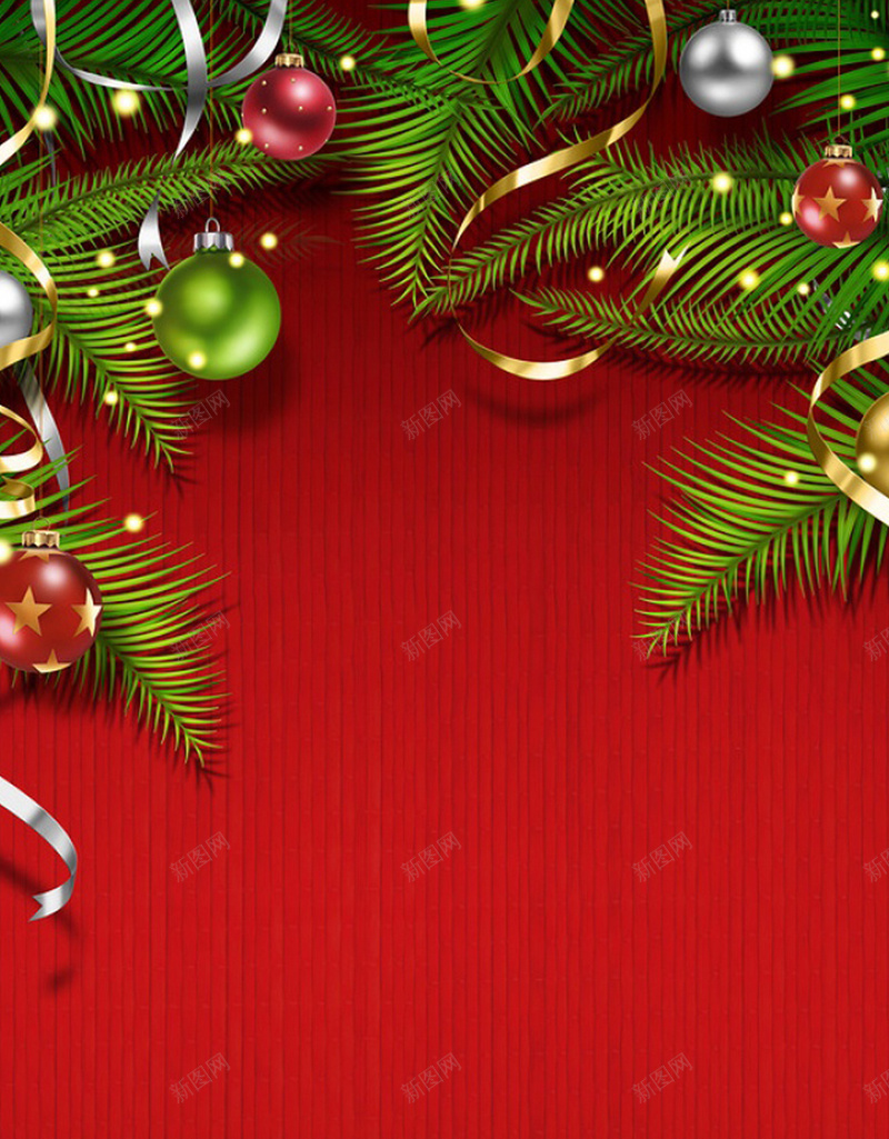 圣诞节主图H5背景jpg设计背景_新图网 https://ixintu.com 边框 松枝 圣诞彩球 丝带 圣诞节背景