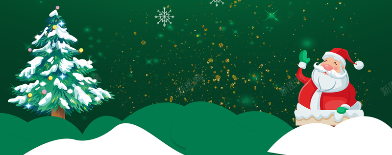 圣诞树卡通雪花绿色banner背景