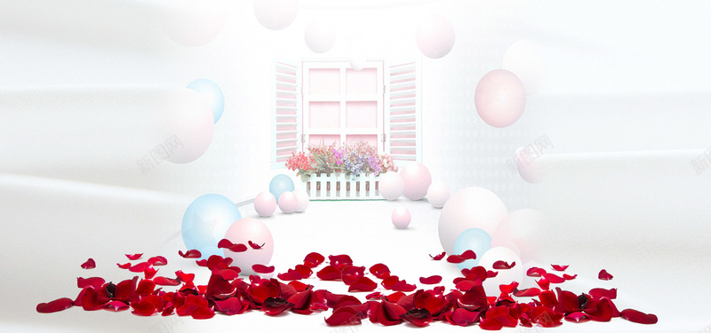 气球和田园小窗户玫瑰花瓣铺满地面背景