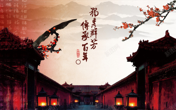 中国风古建筑水墨画背景模板背景