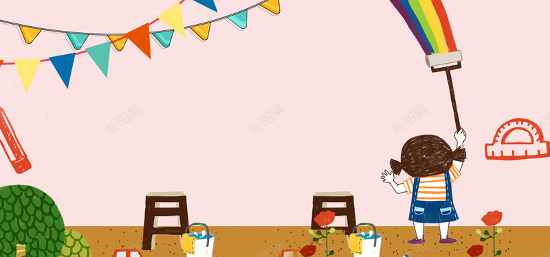 六一儿童节卡通欢乐手绘女孩粉色banner背景