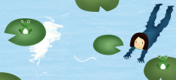 游泳的青蛙夏天卡通女孩插画游泳手绘池塘蓝色背景高清图片