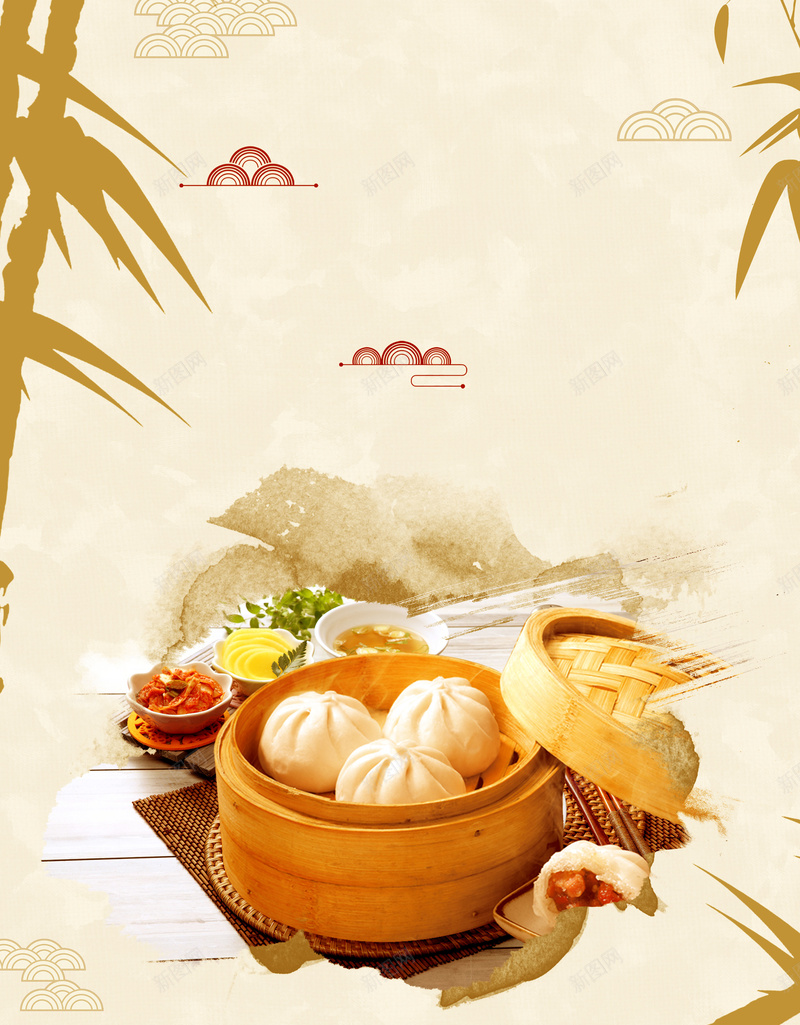 创意中国风包子中国文化海报psd设计背景_新图网 https://ixintu.com 中国传统美食 中国风 中国风海报 云纹 包子 包子宣传海报 包子海报 包子铺 包子铺海报 笼屉 美食 调料
