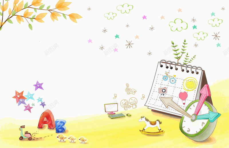 卡通简约办公用品背景素材jpg设计背景_新图网 https://ixintu.com 字母 文字 日历 电脑 钟表 卡通 手绘背景 海报 童趣 手绘