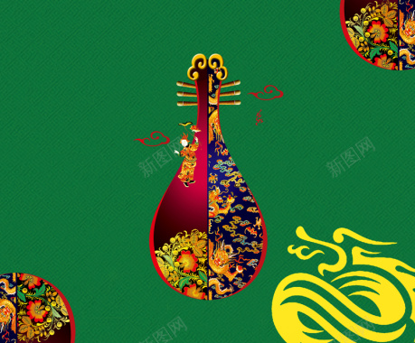 中国风中式琵琶元素绿色背景素材背景