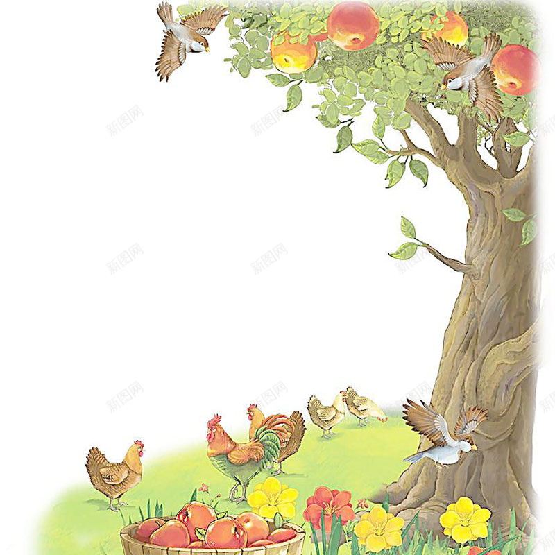 卡通农场背景图jpg设计背景_新图网 https://ixintu.com 童趣 农场 树木 果实 鸟 公鸡 花 主图 卡通 手绘