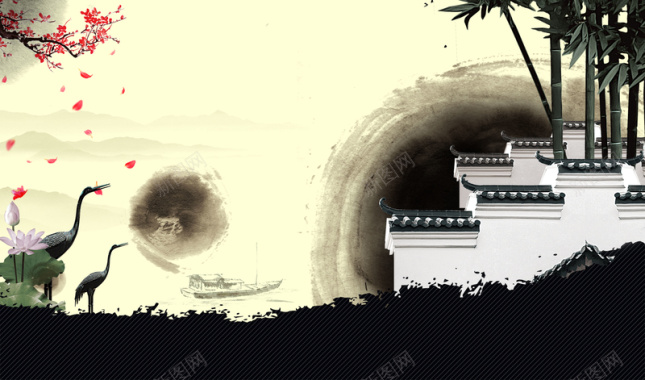 中国风水墨墙头竹林背景素材背景