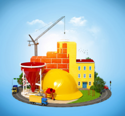 建筑安全安全帽工地建筑模型安全生产背景素材高清图片