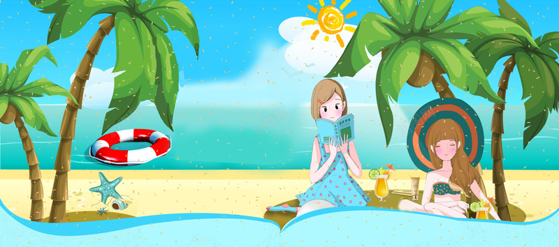 夏季海边闺蜜度假文艺手绘蓝色背景背景