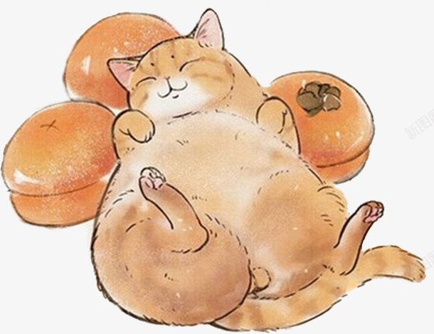 橘猫柿子睡觉png免抠素材_新图网 https://ixintu.com 卡通 慵懒的猫 手绘 柿子 橘猫 猫 睡觉