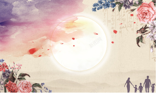 中国风水墨月亮与花卉背景素材背景