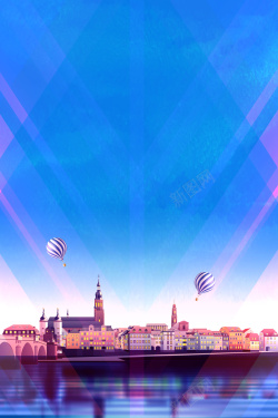 水墨热气球唯美土耳其风光旅游海报背景素材高清图片