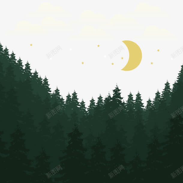 矢量森林夜景ai免抠素材_新图网 https://ixintu.com 月亮 星星 树木 灌木
