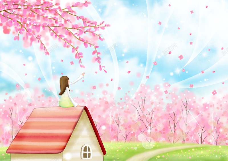 粉色树林背景素材psd设计背景_新图网 https://ixintu.com 粉色树林 女孩 春天 树枝 花 房子 屋顶 屋顶上的女孩 花瓣 光晕 背景