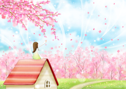 屋顶的女孩粉色树林背景素材高清图片