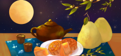 月儿圆八月十五中秋节吃月饼手绘banner高清图片