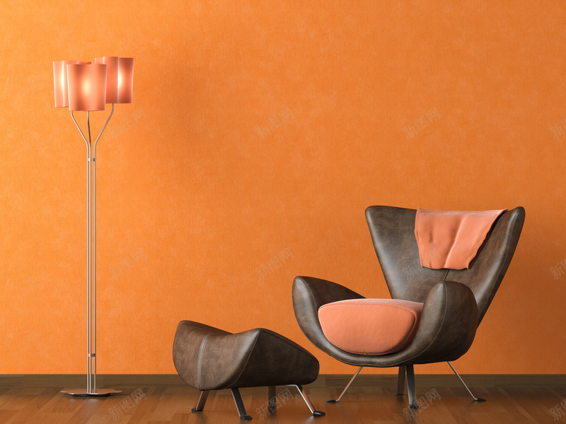 室内设计与创意沙发jpg设计背景_新图网 https://ixintu.com ofa sofa 创意沙发 地板 墙面 室内 橙色 皮革 立式台灯 装修模板 装饰 靠背
