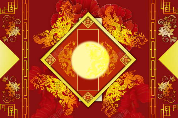 中国风龙与花卉红色背景素材背景