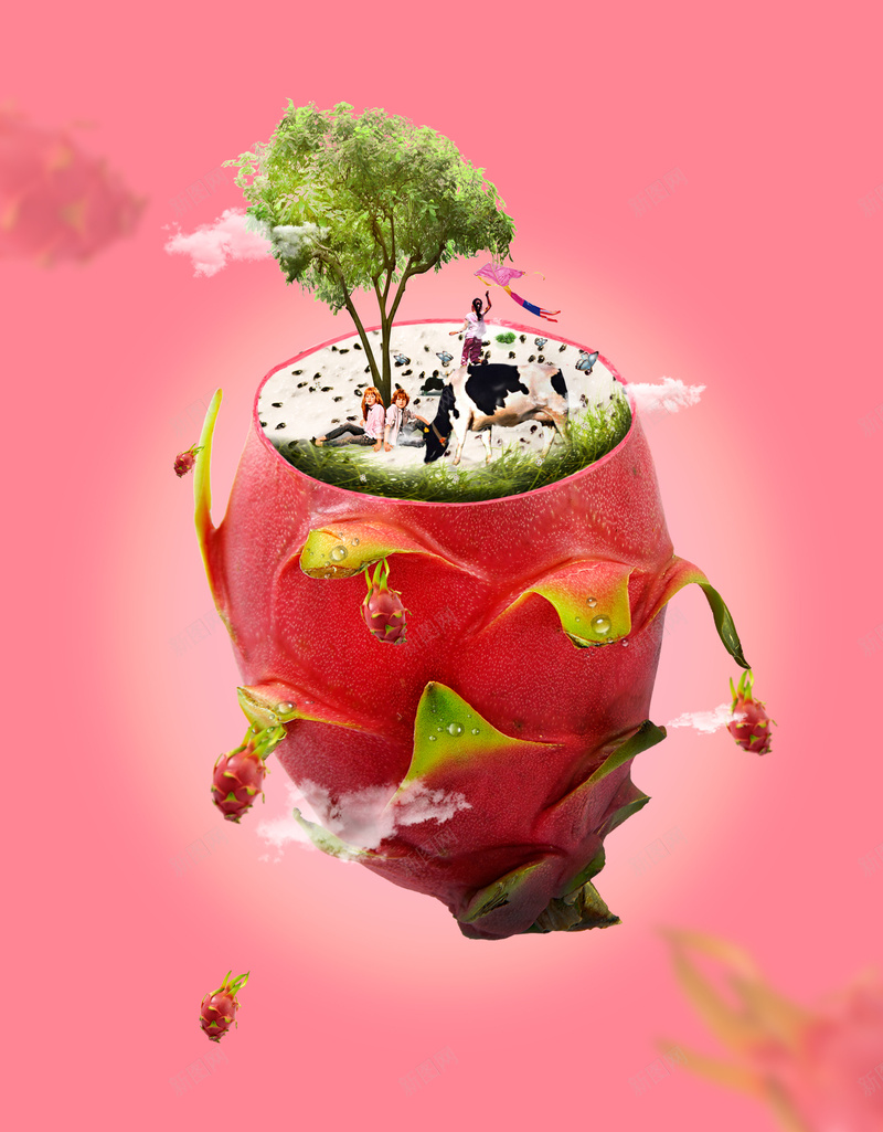 创意水果海报设计psd设计背景_新图网 https://ixintu.com 创意海报设计 平面设计 水果 火龙果 树 奶牛 水果上的世界 浪漫 梦幻