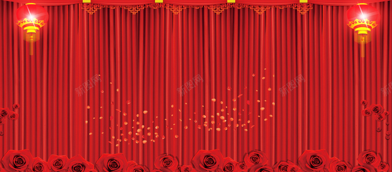 红色幕布花卉喜庆签到展板背景素材背景